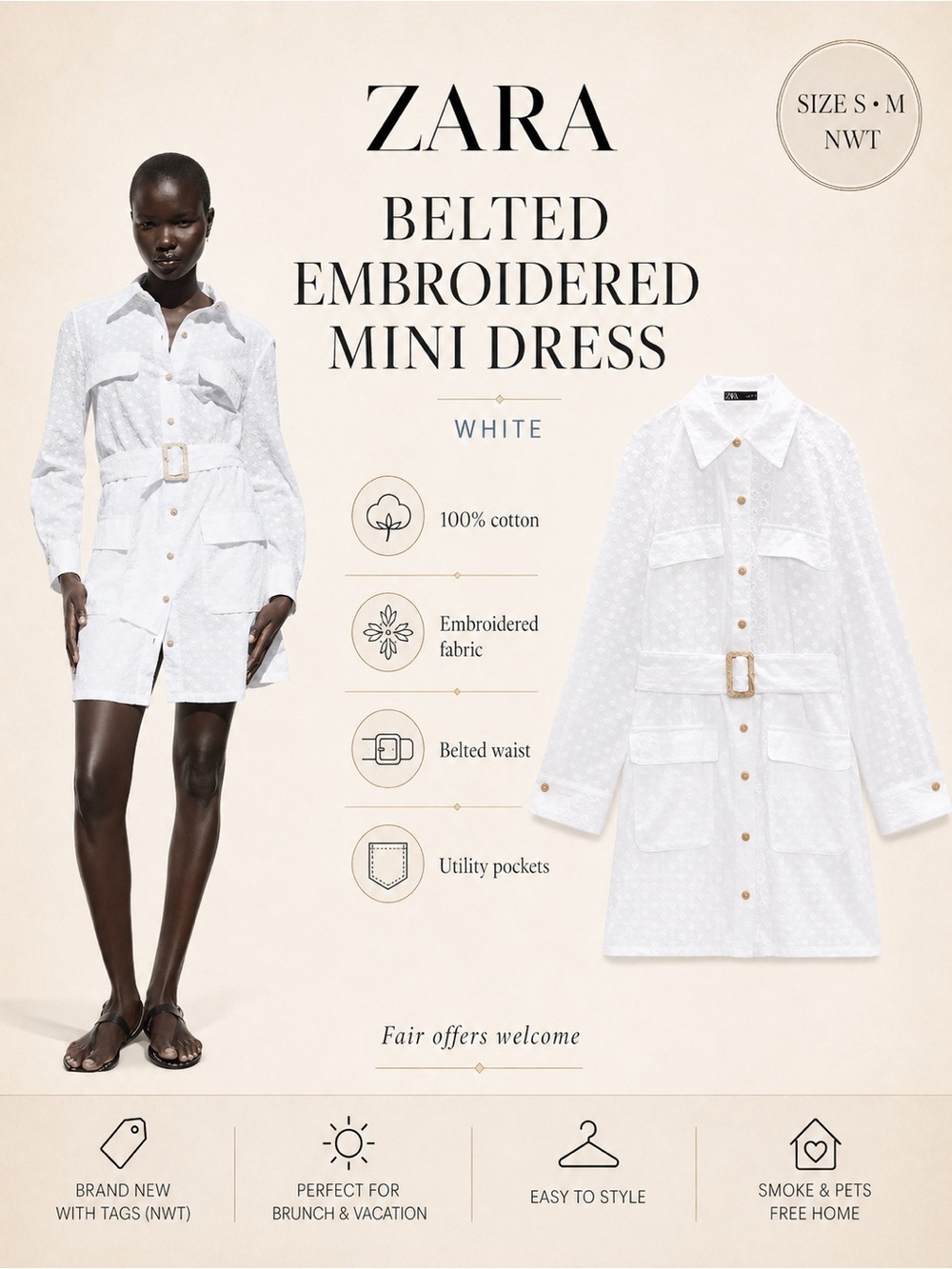 ZARA White Belted Embroidered Mini Dress 100% Cotton Shirt Dress NWT Sizes S M
